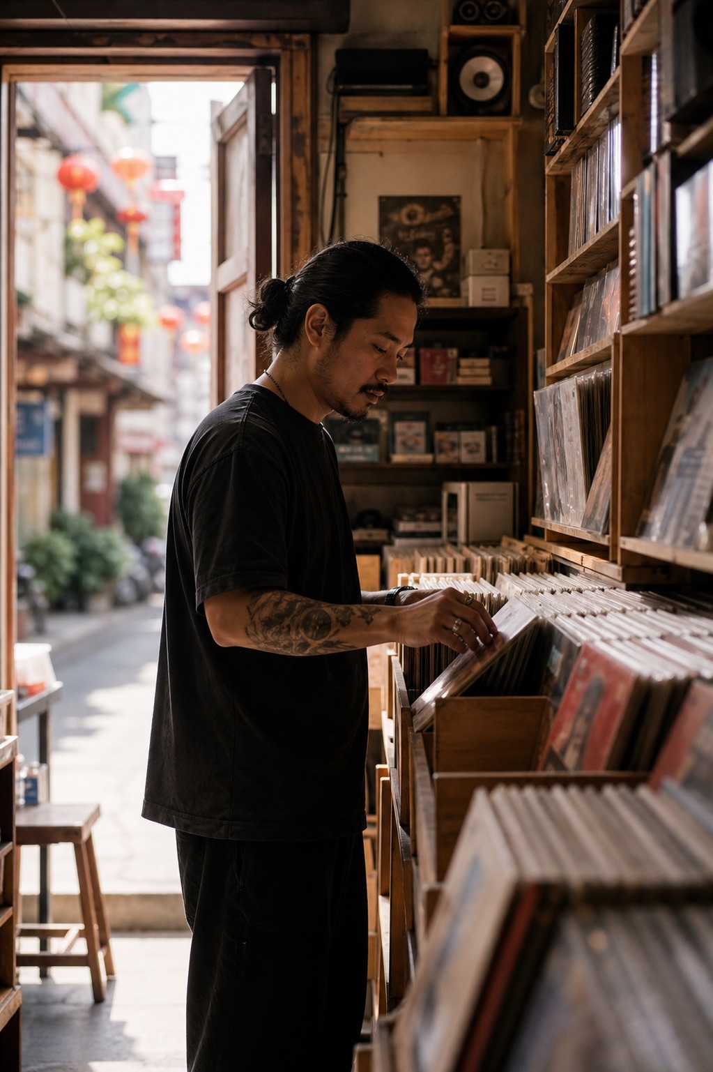 A local browsing vinyl records in Bangkok
