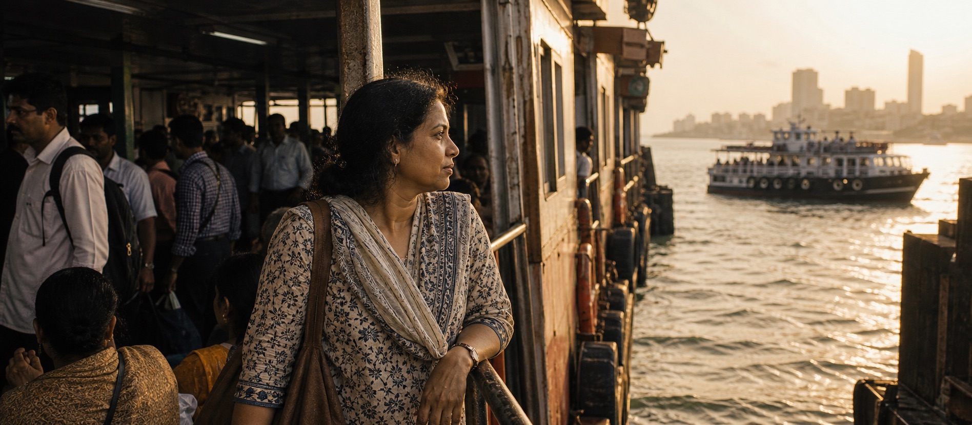 Local commuters moving through Mumbai at golden hour