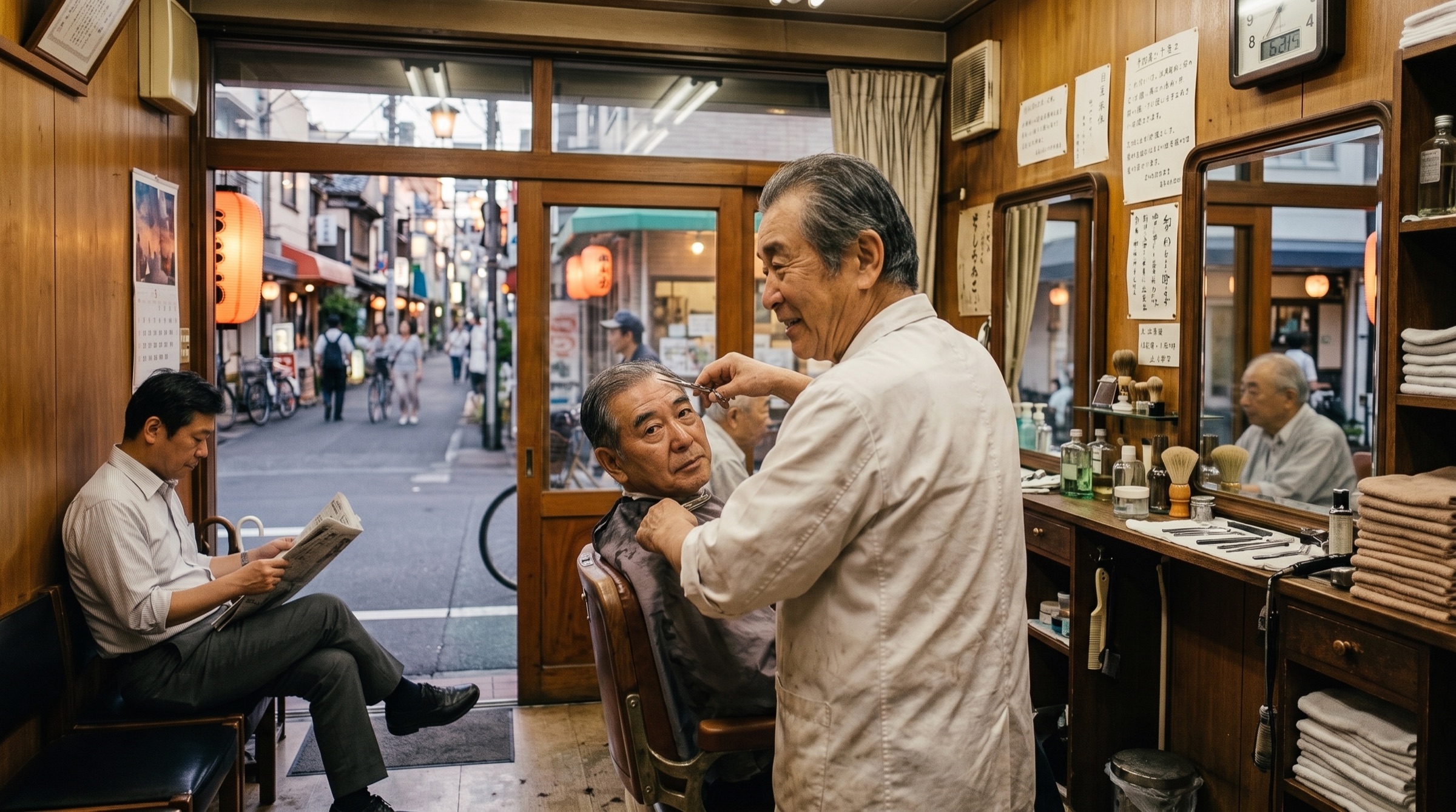 A longtime Tokyo barber at work in his neighbourhood barbershop