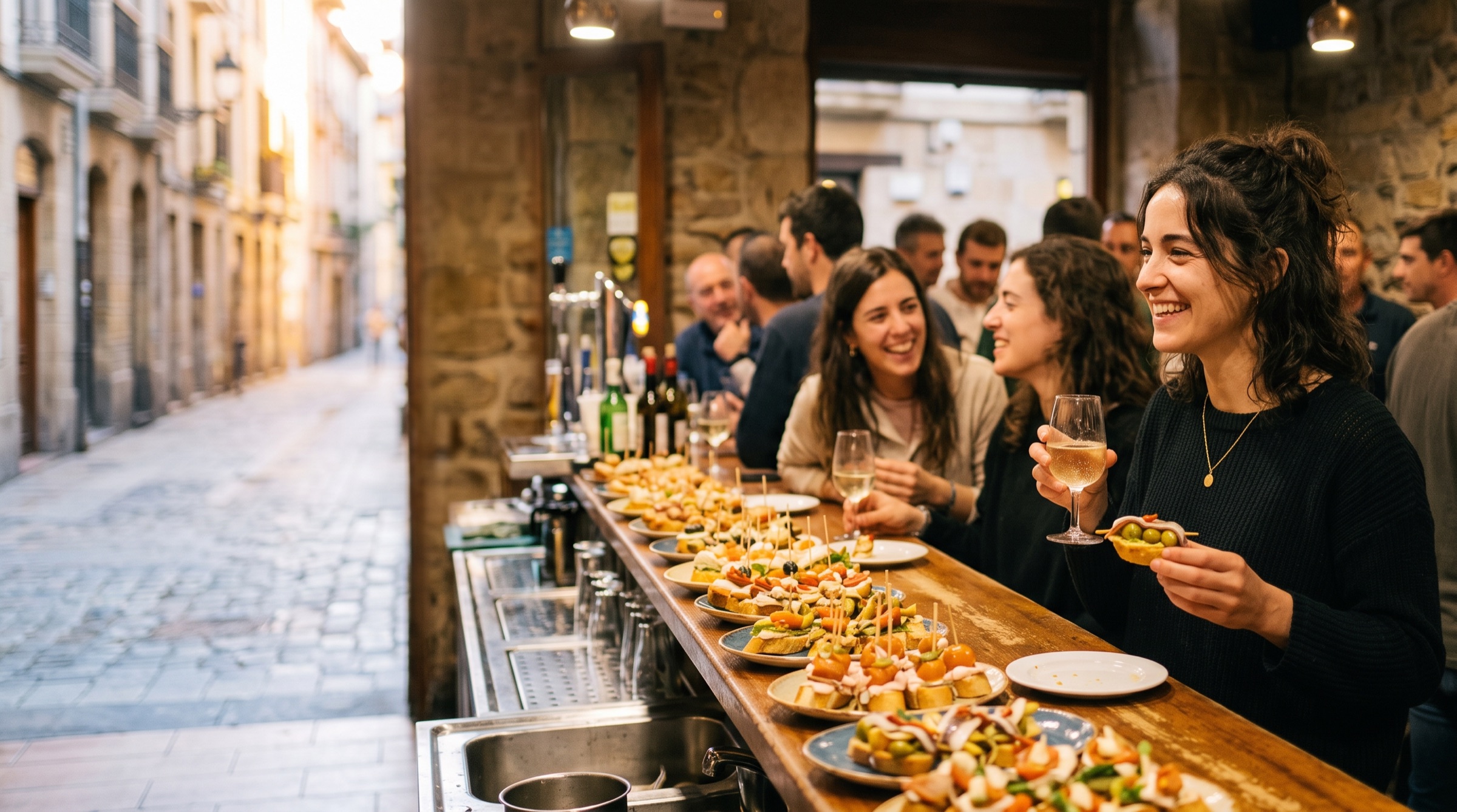 A Lokal sharing pintxos with friends in a lively San Sebastián bar